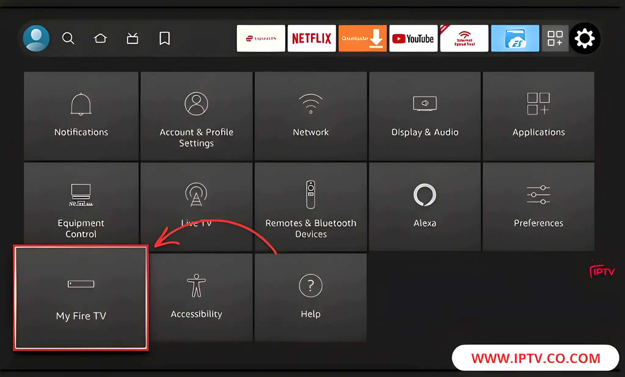 Scroll down to the My Fire TV tile in the bottom left corner and select it.