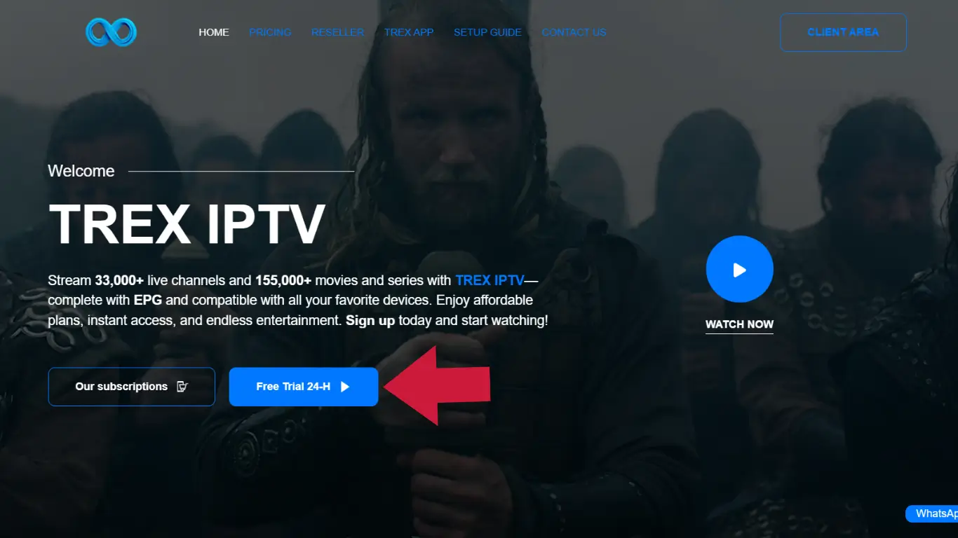 Go to the official TREX IPTV website and click the “Free Trial 24H” button.