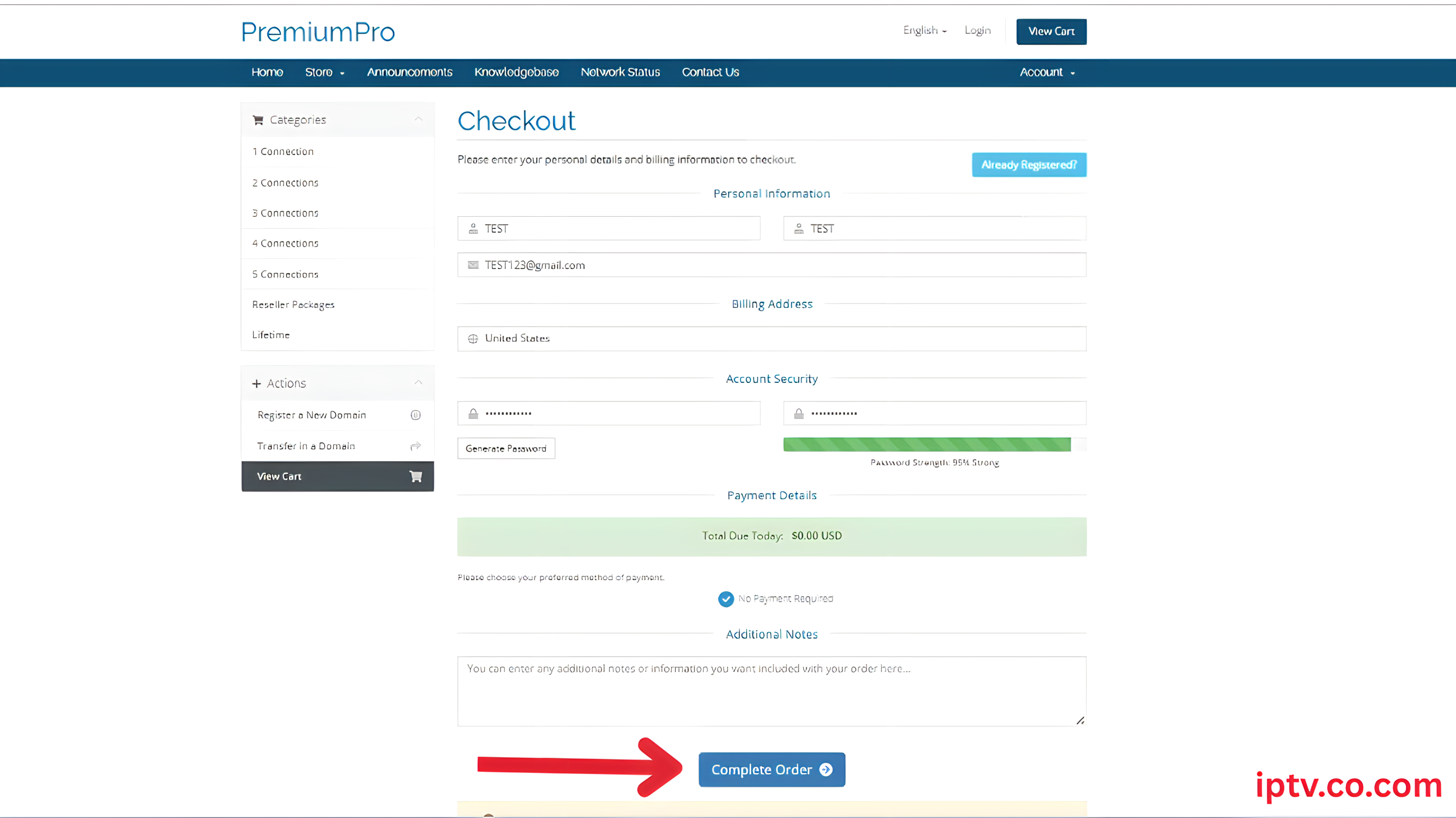 ADD Enter name, email, password AND Complete Order