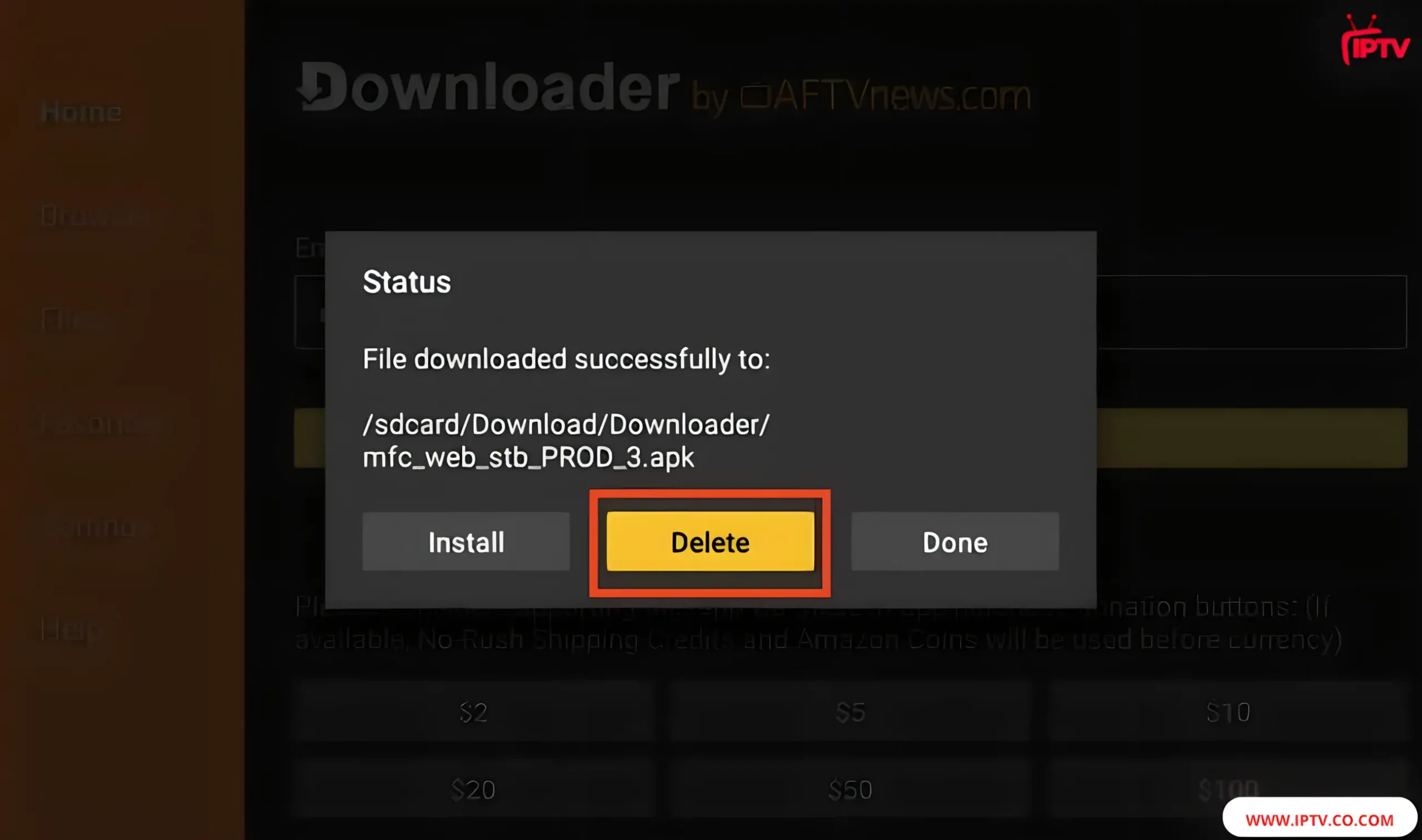 Delete to remove the APK file