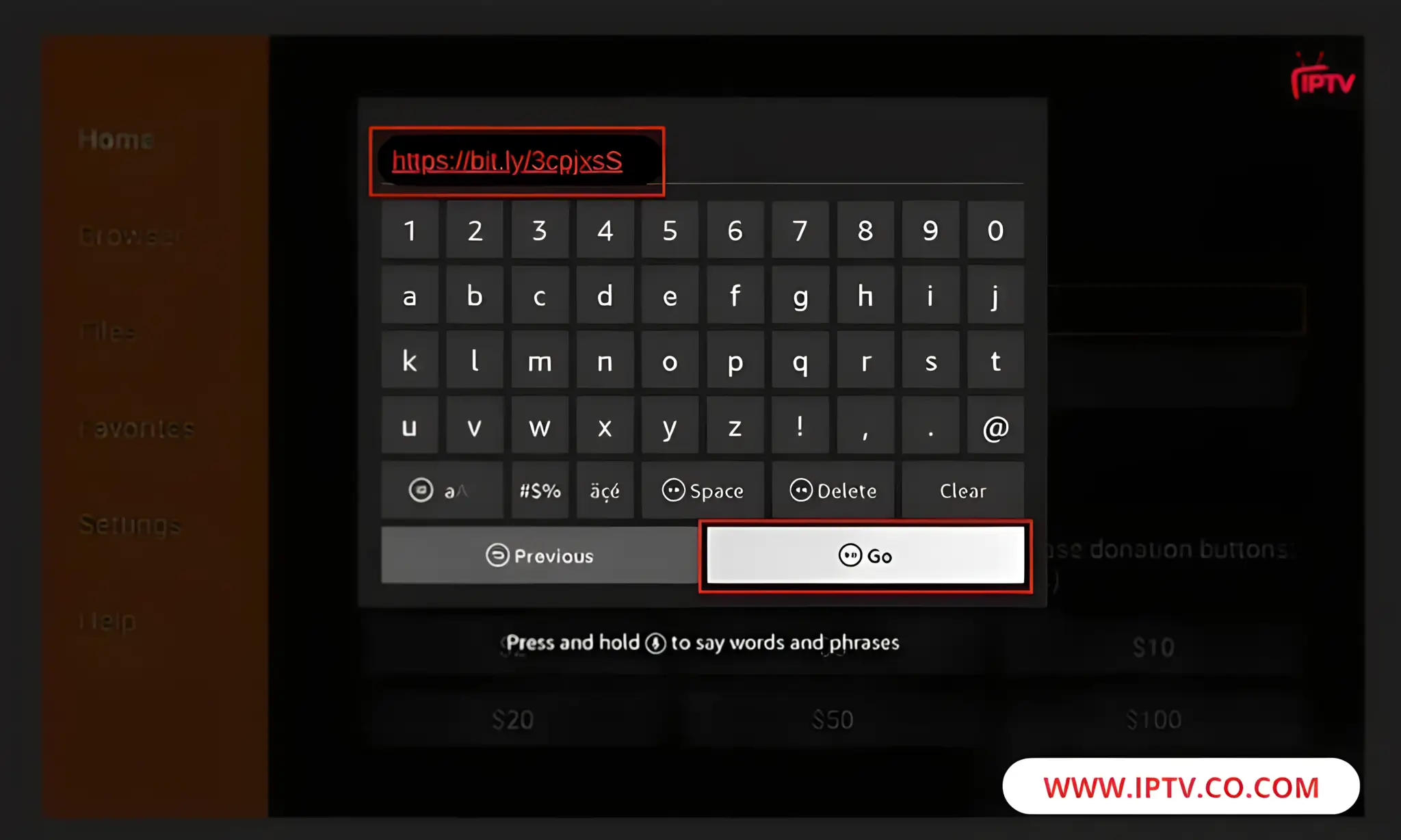 Enter the URL or use the short code then press “Go” to begin the download