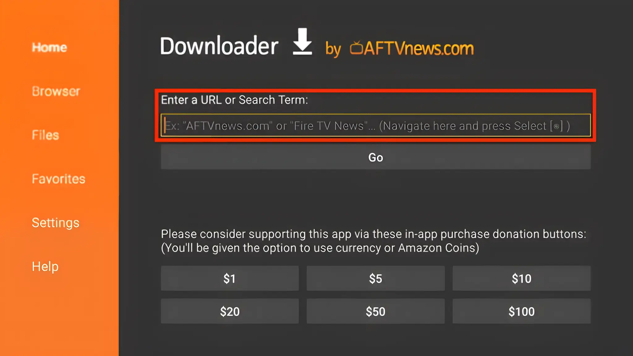 Open the Downloader app and select the Enter a URL box on the home screen.