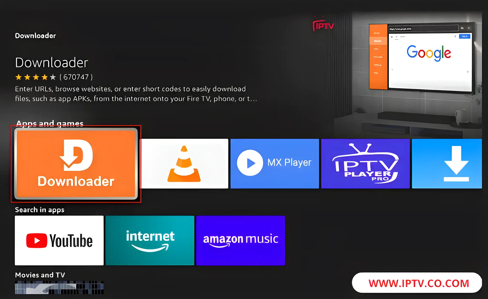 In the APPS & GAMES section, locate and select Downloader