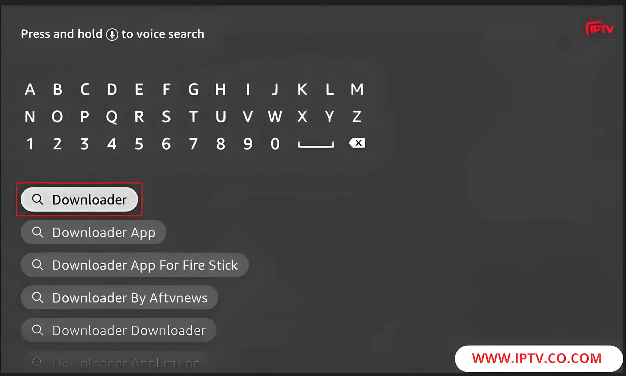 Using the on screen keyboard, type Downloader and select the first suggestion that appears (2)