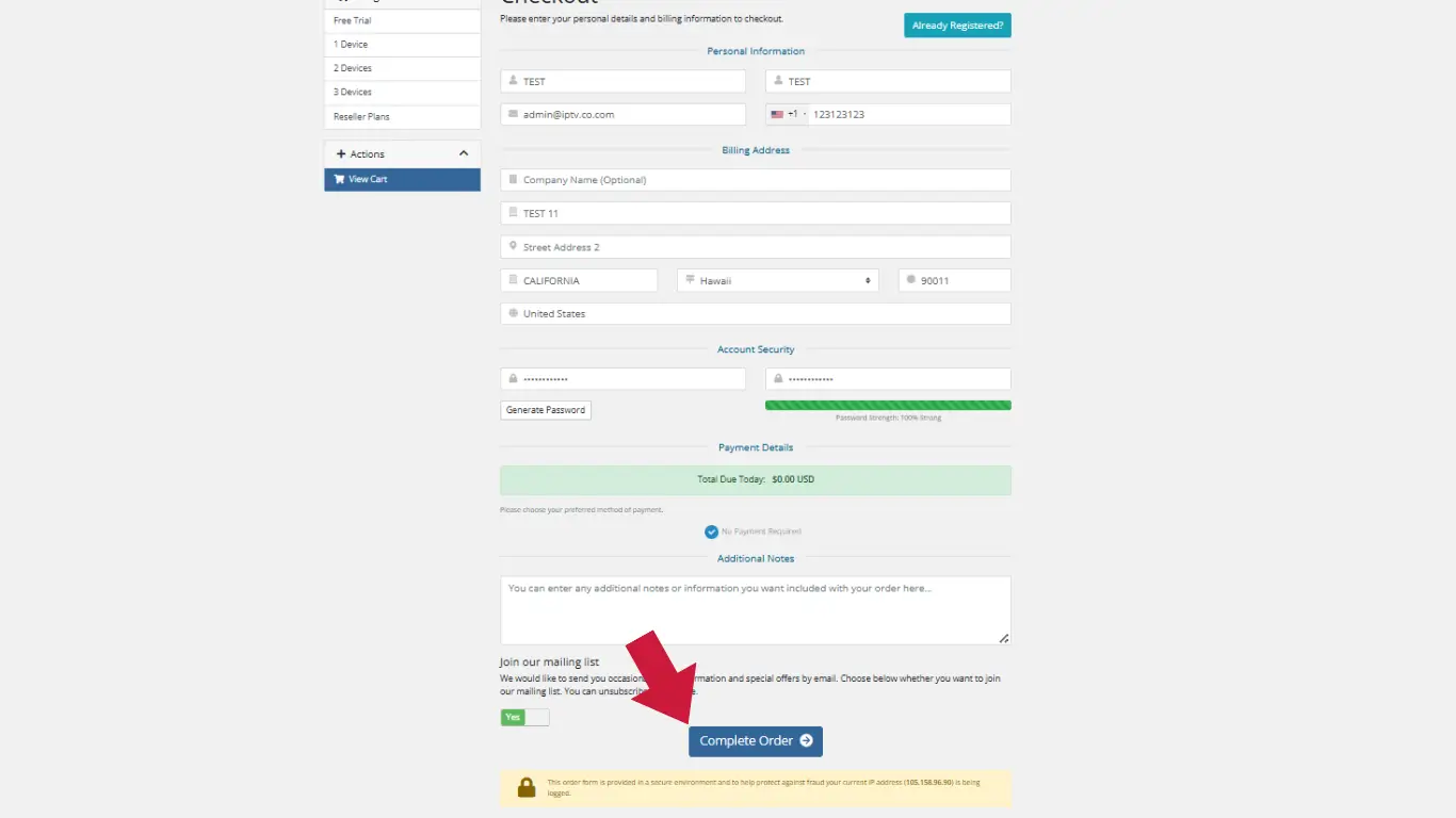 Fill in your details and click “Complete Order.”